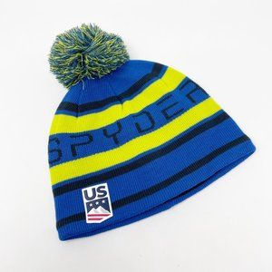 Spyder USA Uni-Sex Knit Hat Fleece Lining Pom Pom  Blues & Lime Green  One Size